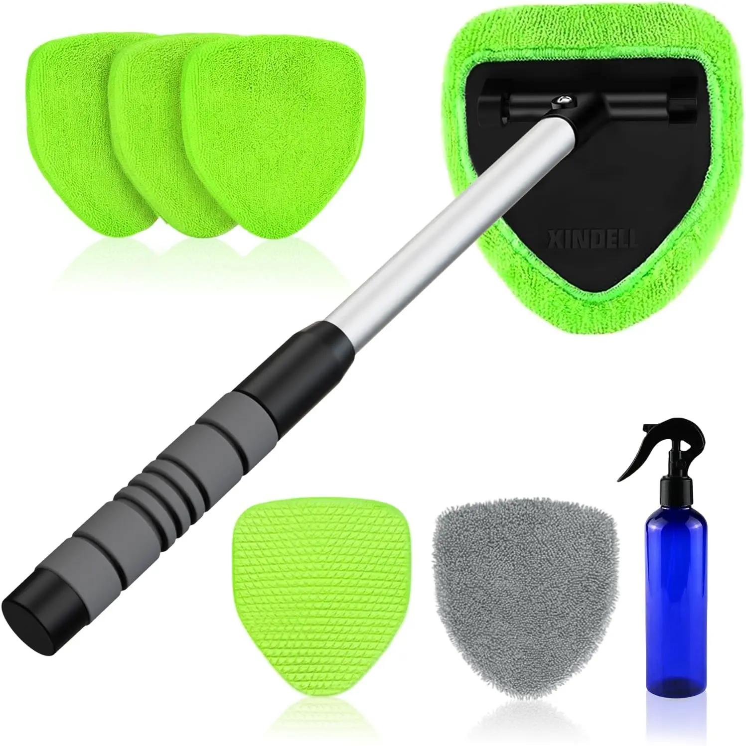 Interior Windshield Cleaner Tool – Car Interior Window Cleaning Kit with Extendable Handle & 4 Microfiber Pads, Auto Wiper Inside Compact Windshield Brush for Car & Home Windows