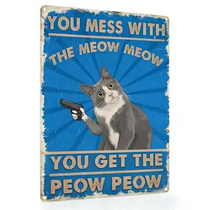8x12 inch gray cat metal wall decoration, retro aluminum farmhouse style decoration, fun slogan, suitable for home, bathroom, kitchen, bar, coffee shop