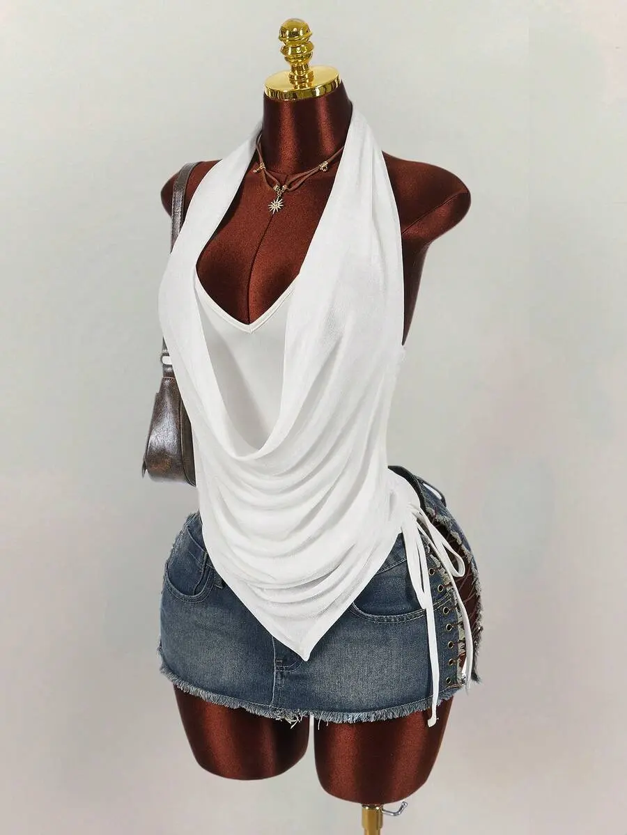 Amplova Women's Draped Neck Layered Halter Blouse With Asymmetric Hem And Side Ruching,Summer Top