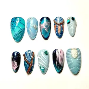 Avatar Inspired Blue And Purple Painted Press On Nails: Handmade Reusable Luxury Nail Set