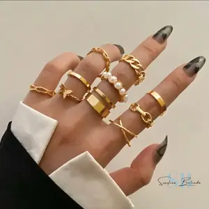 Pearl Drops Gold Boho Ring Set