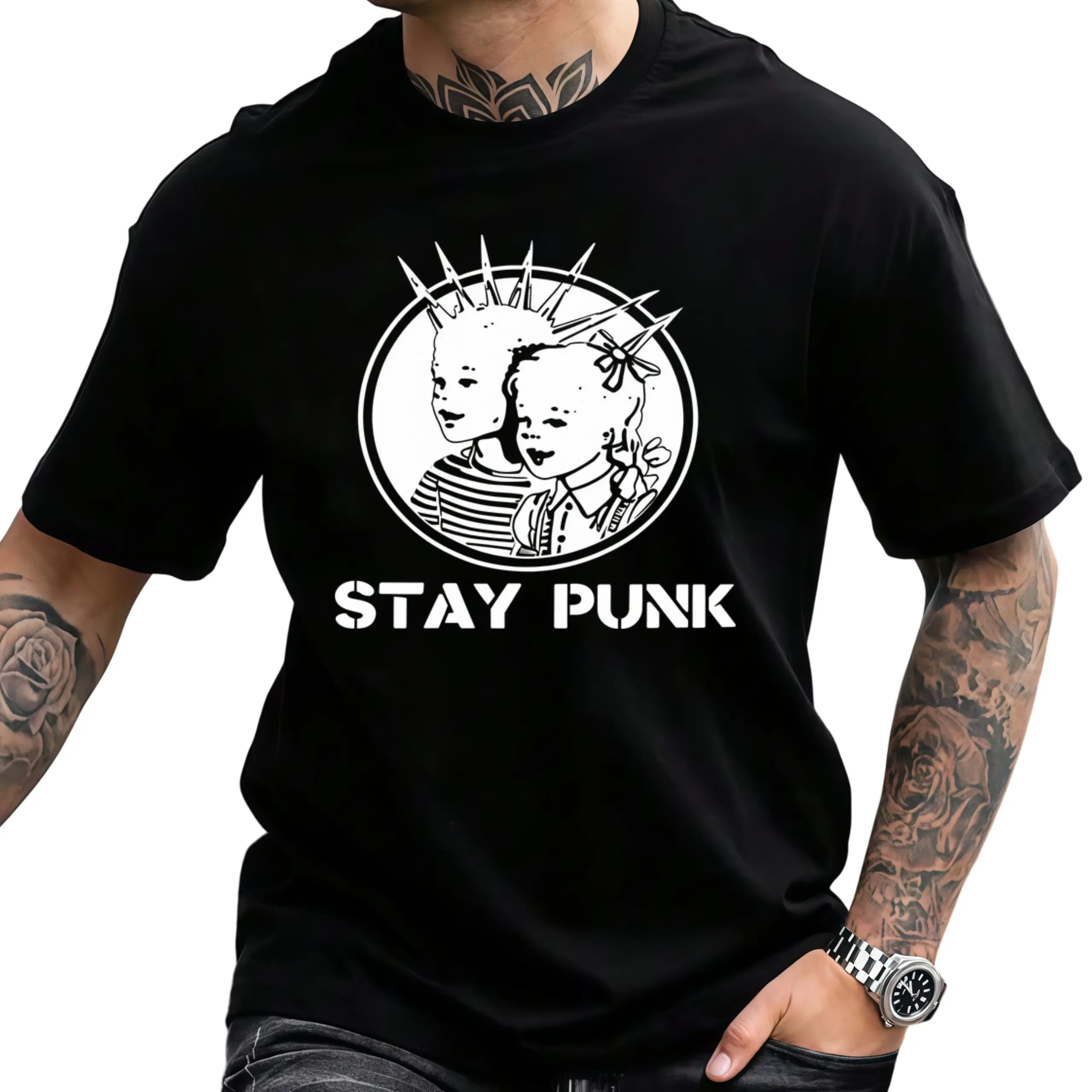 Punk Aesthetic "STAY PUNK" Tee | Retro Spiked Hair Doll Print Casual Oversized T-Shirt Cotton Menswear