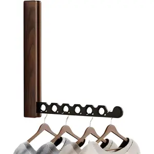 Walnut Folding Clothes Hanger Rack Wall Mounted Laundry Drying Rack Collapsible, Sapce Saving Laundry Room Hanging Rack, Clothes Storage Organizer (Walnut Wood Black)