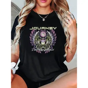 Journey "Don't Stop Believe'" 1981 Graphic T-Shirt - Women's Casual Crew Neck Short Sleeve Top, Vibrant Wing & Guitar Design, Soft Cotton for Spring/Summer, Rock Band T Shirts Fabric Womenswear Novelty Graphic T Shirt funny tshirt Undershirts Tees Casual