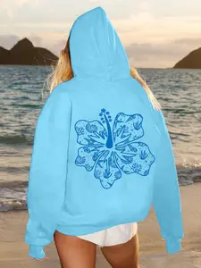1PC Women's Tropical Hibiscus Print Hoodie, Coastal Aesthetic and Y2K Style, Soft Fleece for Beach Vacations, Summer Getaways, and Resort Wear
