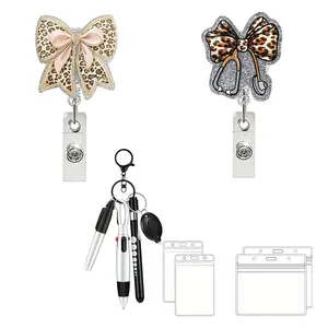 Stretchable Leopard Bow Design Badge Clip, Shiny Brooch Pin, Waterproof Card Holder, Acrylic Nurse Name Tag Clips for Work & Office