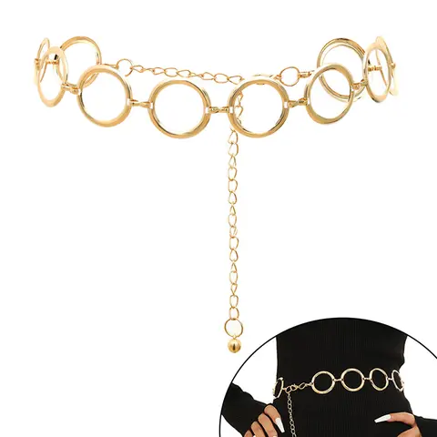 Trendy Stainless Steel Gold Circular Link Waist Chain Adjustable Statement Body Chain Accessory Bling Chain High Quality Jewelry for Women Adjustable Fit