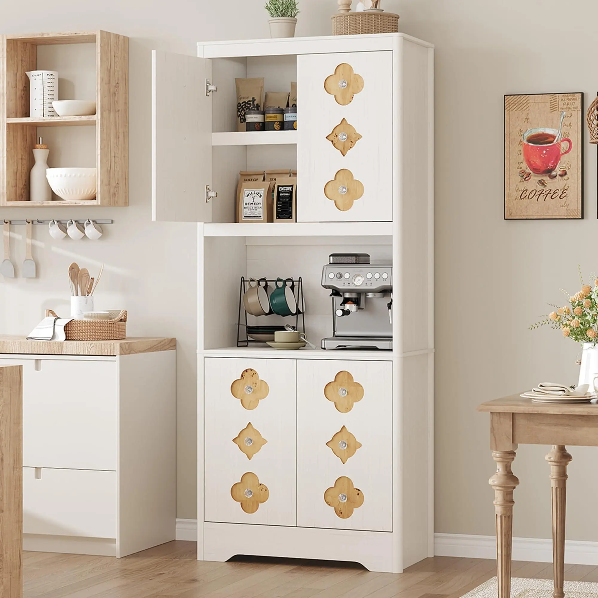 GARVEE Antique White Mid Century Modern Kitchen Pantry Cabinet, 72" Tall Storage Cabinet with Microwave Shelf, Wooden Freestand Cupboard with Carved Flower Door & Crystal Handle, for Dining Room