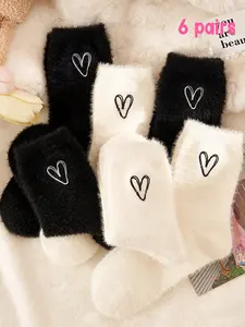 6 Pairs Men Women Fuzzy Cute Thick Socks Heart Shape Warm Socks for Fall Winter, Soft Comfortable Indoor Wear, Soft Comfy Socks