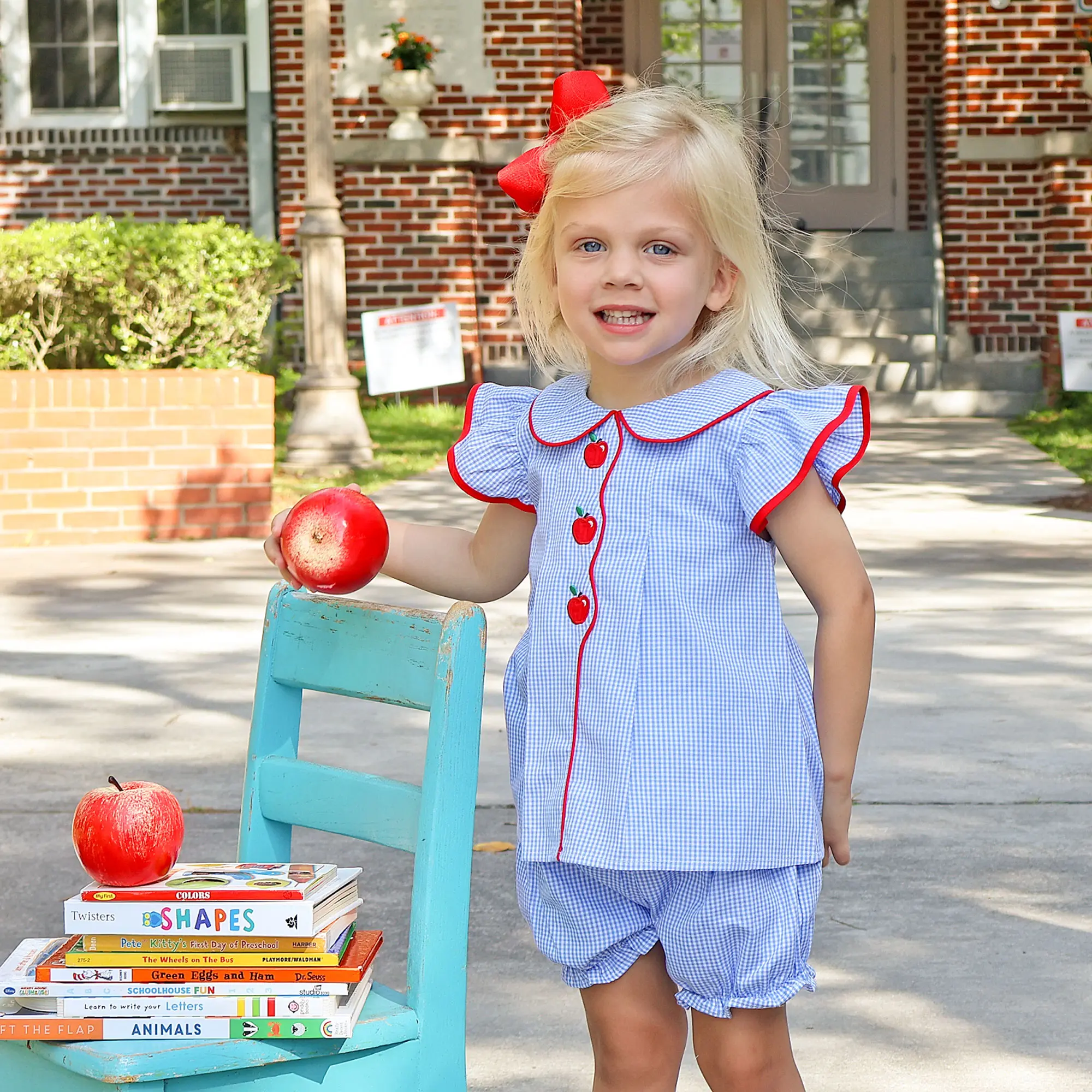 Adorable Apple Embroidered Blue Gingham Jane Bloomer Set - Cute Back to School 2Pc Outfit for Girls