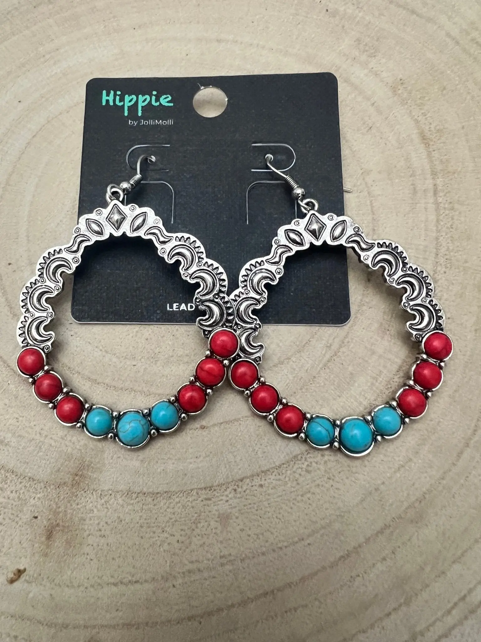 Western Faux Turquoise & Coral Hoop Earrings — 1¾" Drop Southwestern Style