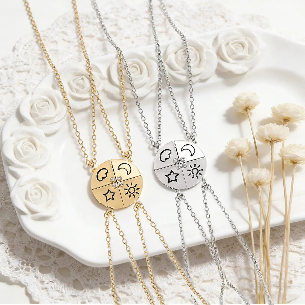 Matching Sun, Moon, Star & Cloud Necklace Set for 4, Magnetic