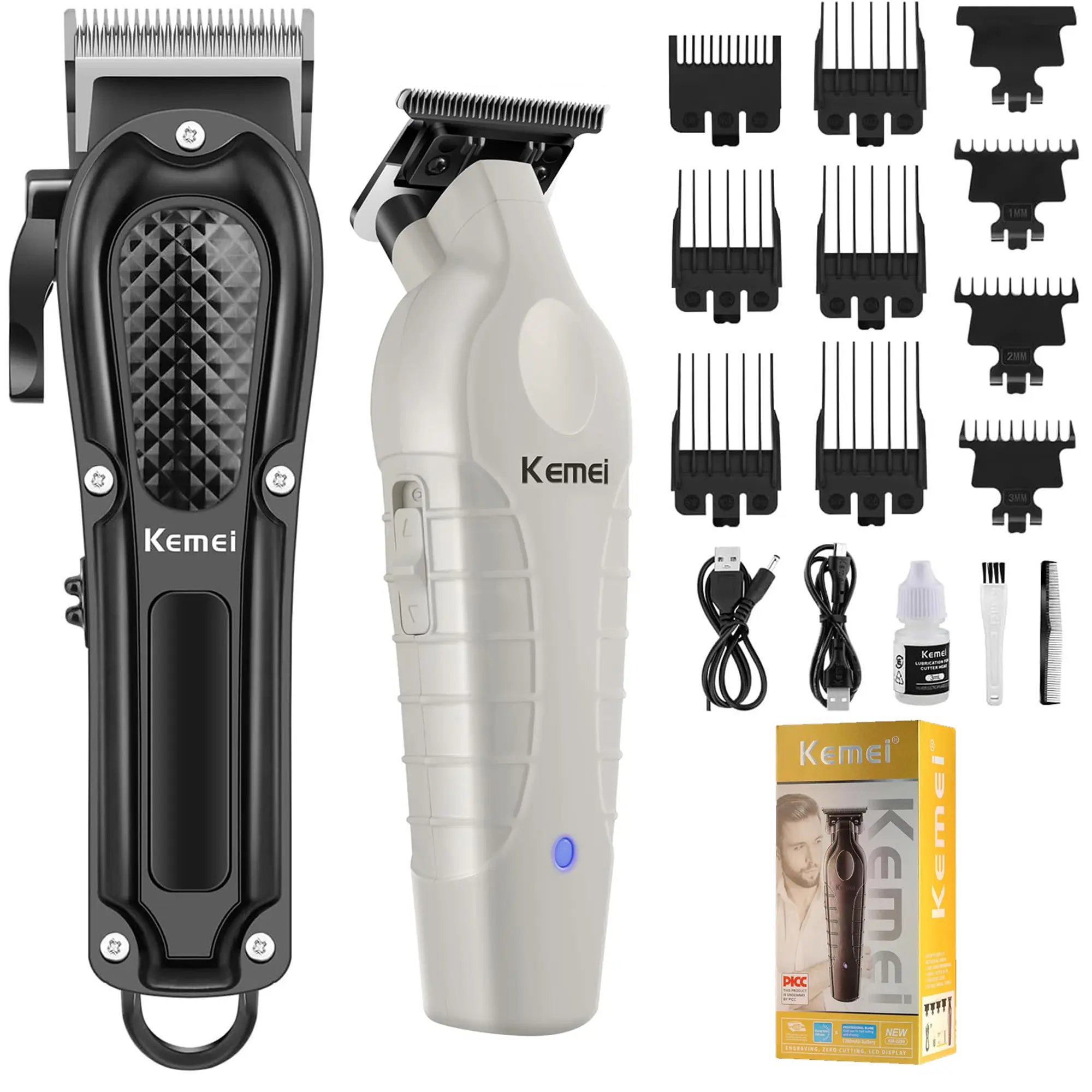 KEMEI 2-in-1 Adjustable Chargeable Durable Precision Cutter Hair Trimmers & Clippers Set - 2299 White, 1071 Cordless Professional 0-Gapped Easy Adjust Barber Cutting Kit for Men, Ideal Grooming Gift