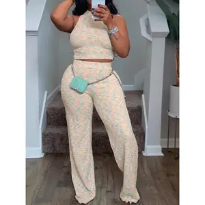 Women's Tie Dye Print Crop Tank Top & High Waist Pants Set, Sleeveless Round Neck Crop Top & Trousers 2 Piece Set, Casual Summer Knitted Outfits Clothes Set for Ladies Outdoor Holiday, Breathable Womenswear