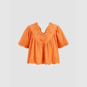 Cider V Neck Eyelet Embroidery Summer Blouse SummerWins Dealsforyou