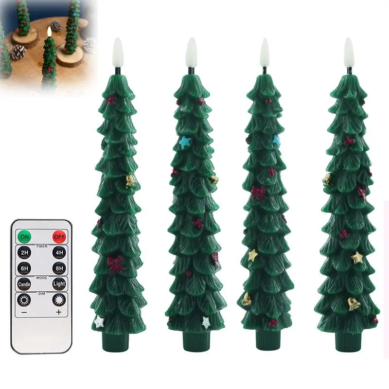 Christmas Tree Candles Battery Operated, 4 Pack Christmas Taper Candles with Remote Timer, Green Real Wax LED Flameless Candlesticks for Home Window Fireplace Holiday Decor,Holiday decorations, Christmas gifts