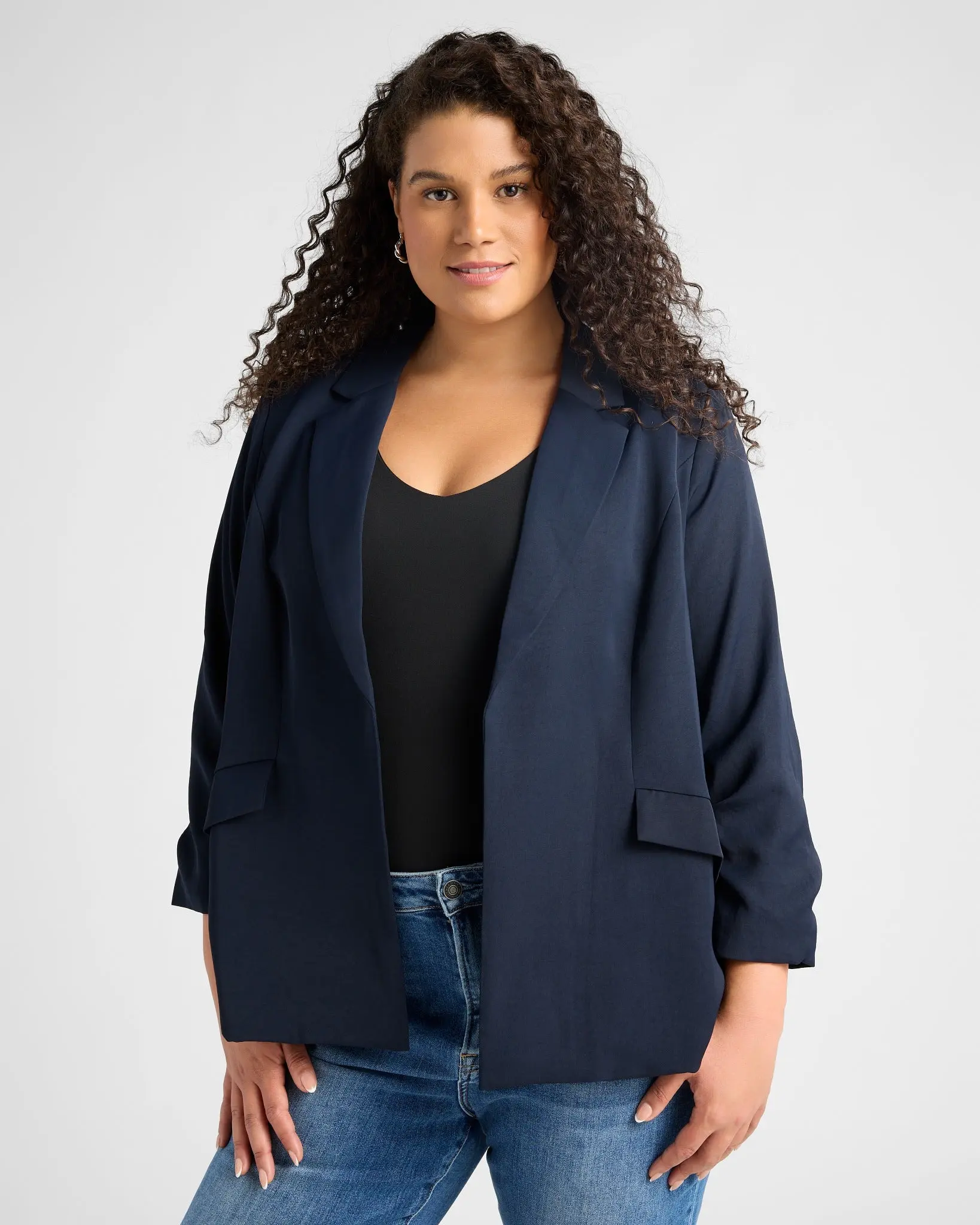 Plus Size Women's Business Blazer in Smooth Stretchy Recycled Fabric, Regular Fit Open Front with Shirred Sleeves and Flap Pockets, Made Sustainably, Shirred-Sleeve