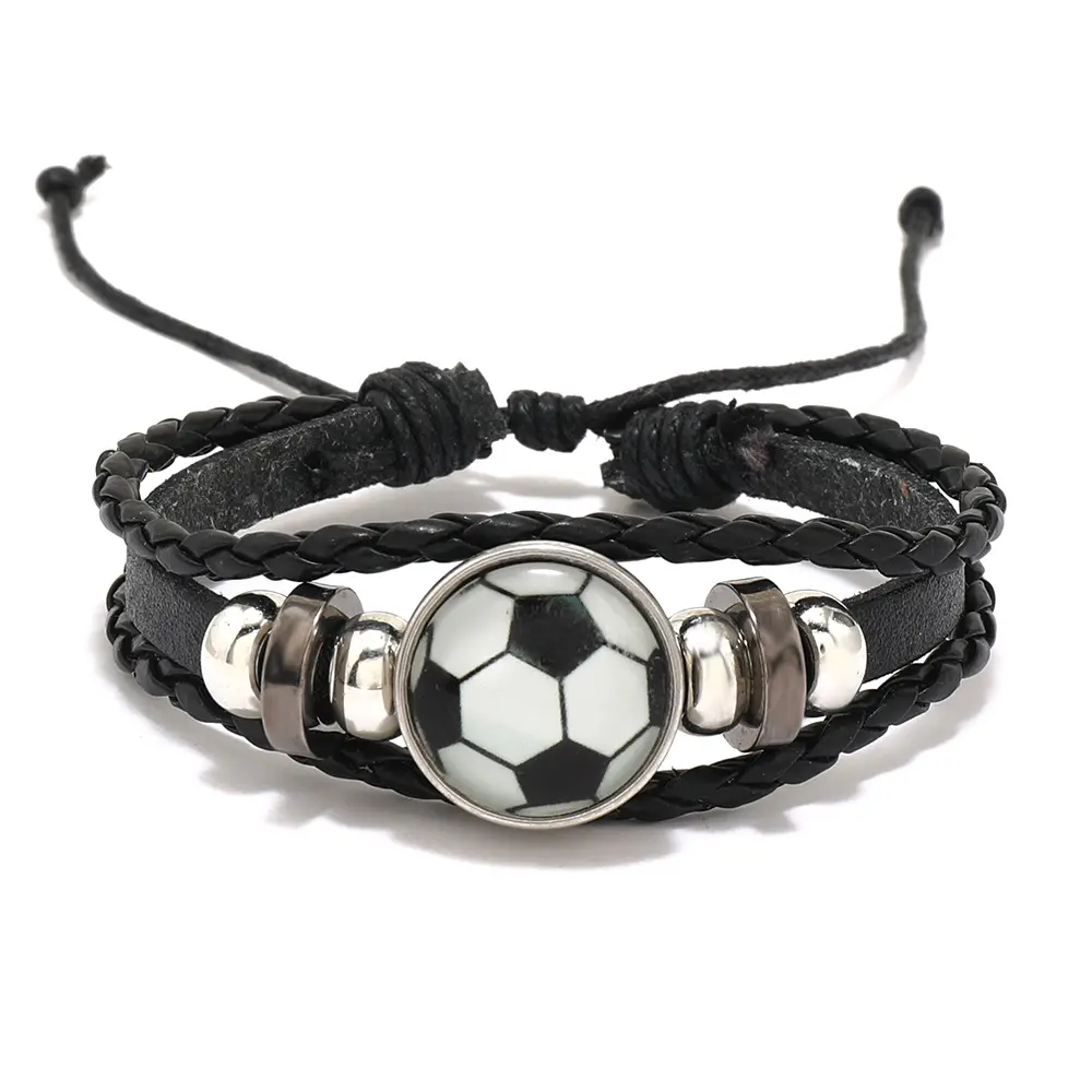 Sports Ball Leather Braided Bracelet, Soccer Volleyball Pattern Adjustable Wristband, Trendy Sporty Handmade Rope Bangle, Fashion Casual Jewelry Gift for Sports Fans, Ideal Souvenir for Team Events Daily Wear & Game Parties