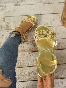 Women's Gold Floral - Embellished Flat Sandals, Open - Toe Beach Party Footwear, Comfortable Outdoor Walking & Summer Casual Shoes, Stylish Wedding & Vacation Dressy Sandals, All - Match Fashion Leisure Footwear for Girl