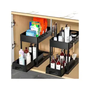 1PC Double-Layer Kitchen Storage Rack,Multifunctional Under Sink Storage Organizer, Pull-Out Cabinet Rack, 2 Tier Bathroom Shelf