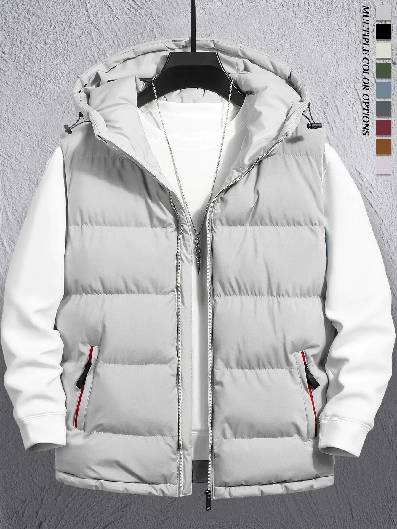 Men's autumn and winter hooded vest, regular fit, sleeveless, zipper closure, easy care, casual style, outdoor fun - men's clothing, men's tops, vests, boyfriend style, beige, solid color, light gray Plain
