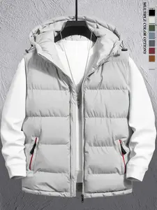 Men's autumn and winter hooded vest, regular fit, sleeveless, zipper closure, easy care, casual style, outdoor fun - men's clothing, men's tops, vests, boyfriend style, beige, solid color, light gray Plain