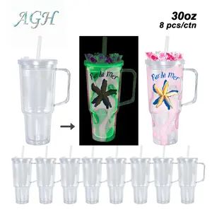 AGU US 8-PACK 30 OZ GLOW TO DARK GREEN double wall plastic Snow globe leak-proof tumbler For DIY GIFT Halloween Party decor, With Pre Drilled Hole And Plugs