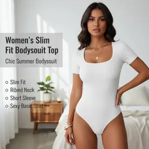 ANRABESS Women's Short-Sleeve Scoop Neck Bodysuit - 2026 Summer, Slim-Fit Ribbed Knit, Lightweight, Elegant, Soft, Comfortable Basic Sexy Fashion Top