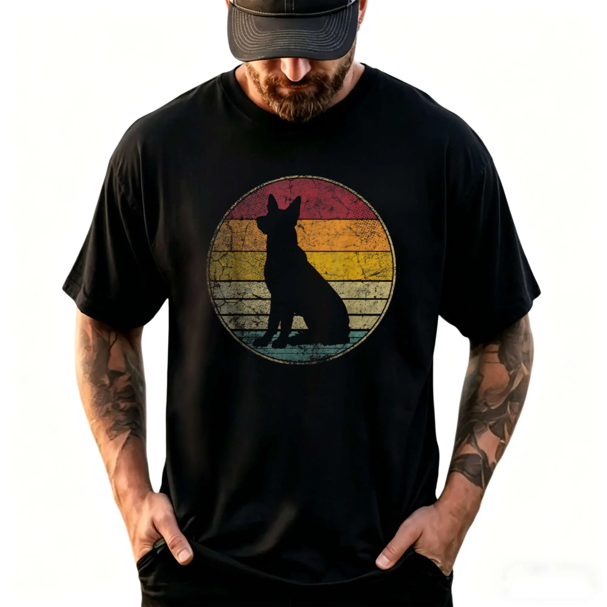 Men’s 100% Cotton Graphic Crew Neck T-Shirt, Vintage Distressed 70s German Shepherd Silhouette Retro Print Soft Versatile Short Sleeve Tee, Trendy Casual Summer Streetwear Top