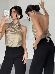 Women's Casual And Elegant Commuting Gold Satin Halter-Back Turtleneck Top/Party Top