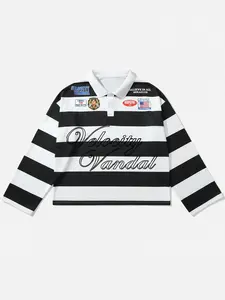 Men's Black and White Stripe Polo Shirt with Velocity Vandal Graphic, Streetwear Collared Shirt with Vintage Text for Casual Fashion