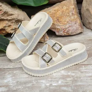 Women's platform rhinestone sandals, slide sandals with double buckle design, casual and comfortable style, durable and fashionable, very suitable for daily wear, made of rubber material. Low Wedge Thong pink birks flip flop Cute Plush Slippers elegant Su