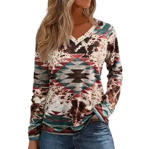 Bellelily Womens Aztec Cow Print T Shirts Tank Top Western Henley Tops Ladies Graphic Tees Casual V Neck Loose Fit Blouse