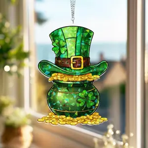 St Patrick’s Day Acrylic Suncatcher Leprechaun Hat & Pot of Gold, Shamrock Window Hanging, Irish Lucky Decor Sun Catcher
