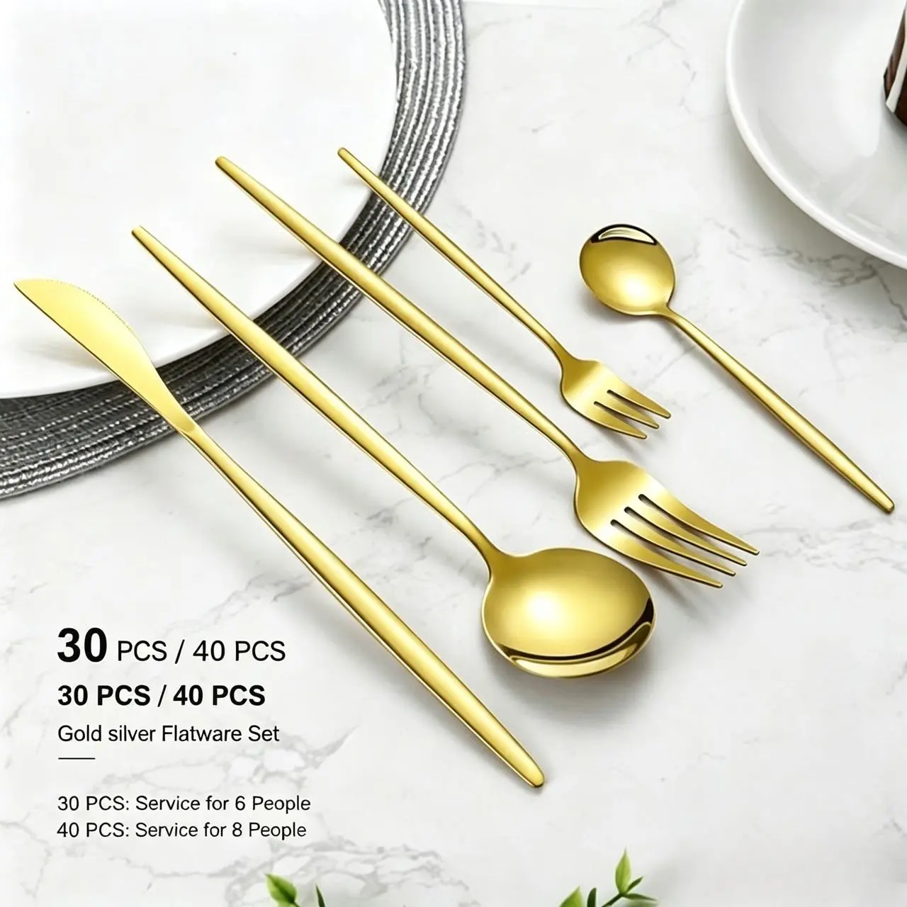 30/40pcs gold flatware, service for 8 cutlery, minimalist gold utensils, long handle stainless steel silverware, dishwasher safe gold tableware, wedding dinner cutlery, restaurant gold silverware