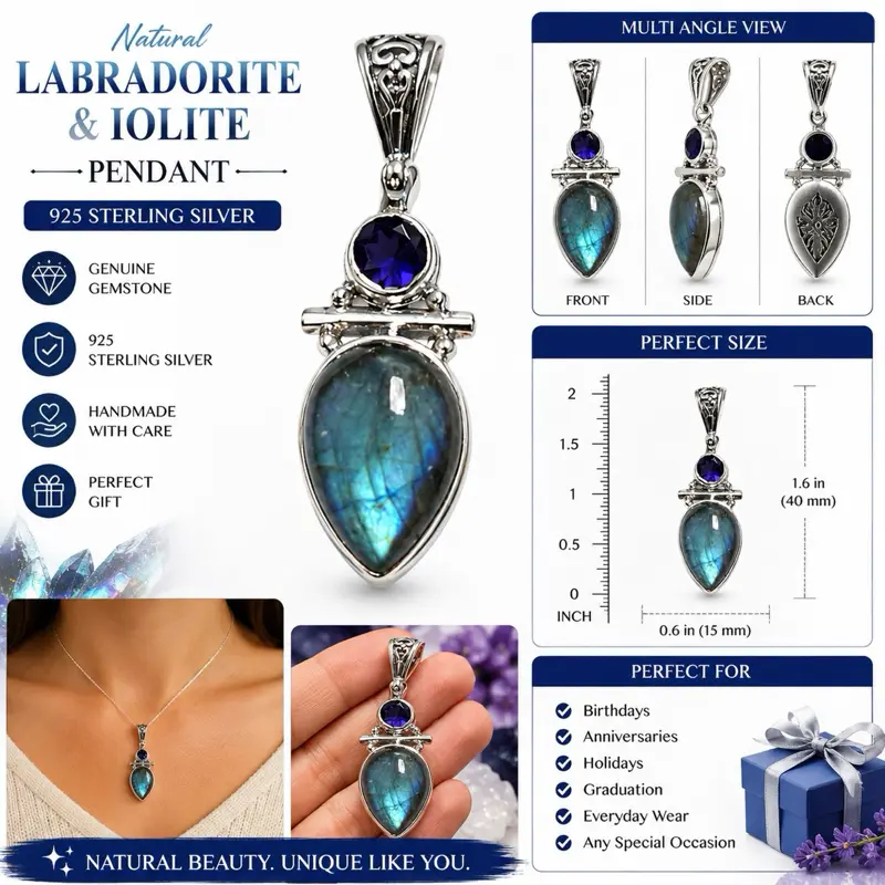 Labradorite & Iolite Statement Pendant, 925 Sterling Silver