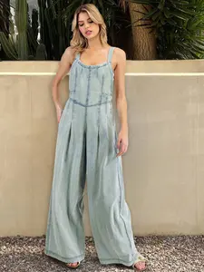 Women's Denim Overall Pants, Washed Look, Wide Leg Design, Casual Daily Wear, All-Season Fabric, No Elasticity, Comfortable Fit