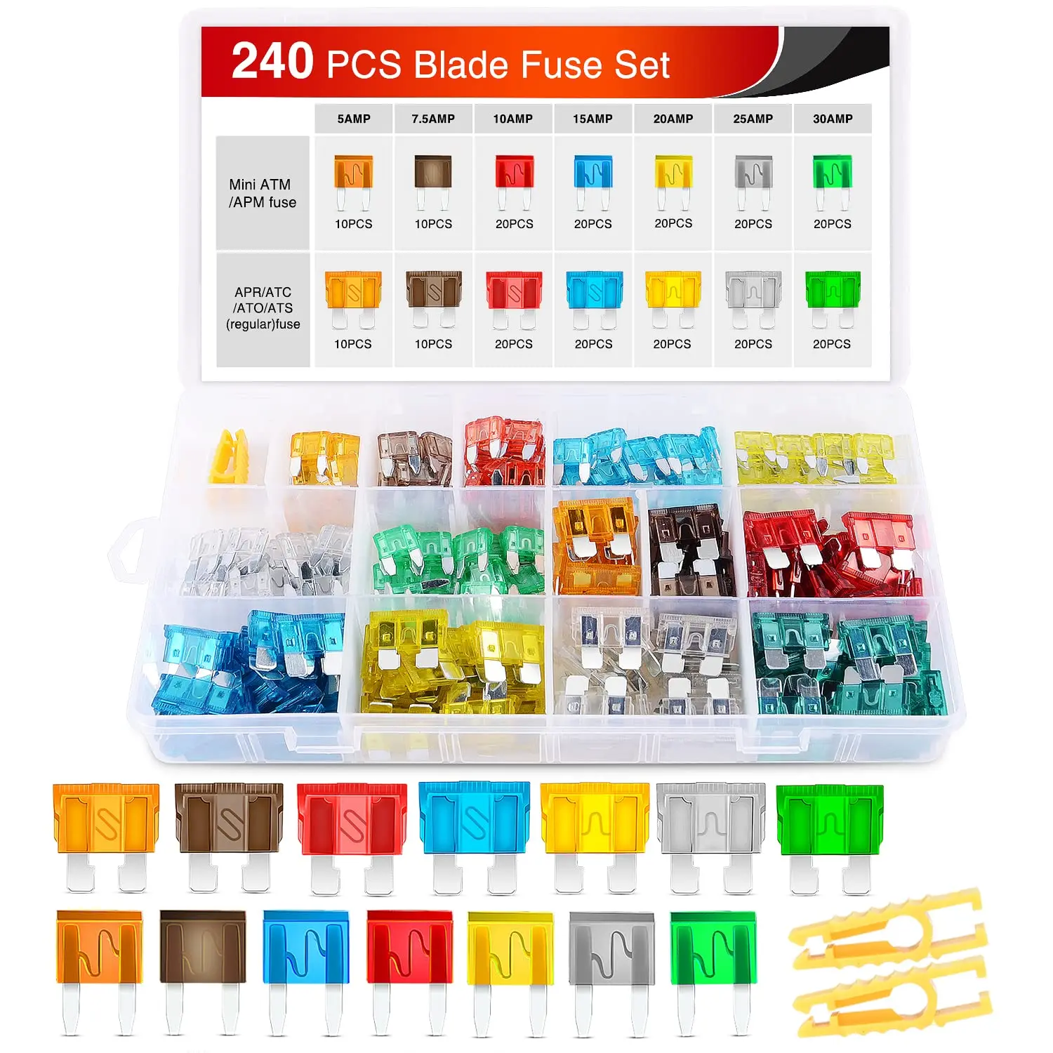 Nilight - 50018R 240pcs Standard and Mini Blade Fuses Set,5A 7.5A 10A 15A 20A 25A 30A ATC APR ATO ATS Standard and ATM APM Mini Automotive Blade Fuse Assortment Kit, Black/Sliver/Pink/Green, Multiple Amps, Overload Protection