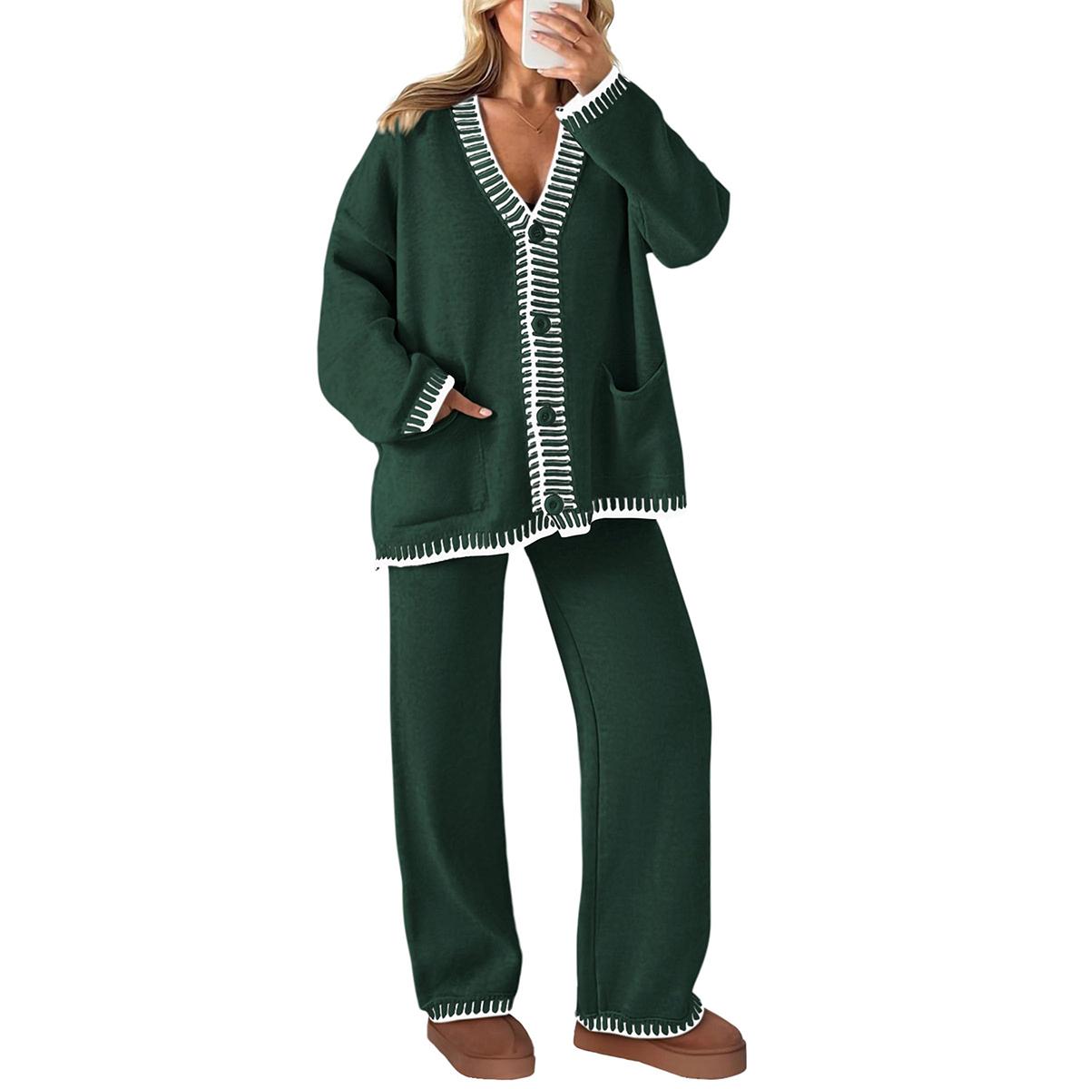 PrettyGarden Women's 2 Piece Set Winter Knit Outfits Matching Loungewear Long Sleeve V Neck Cardigan Sweaters Wide Leg Pants Tracksuits
