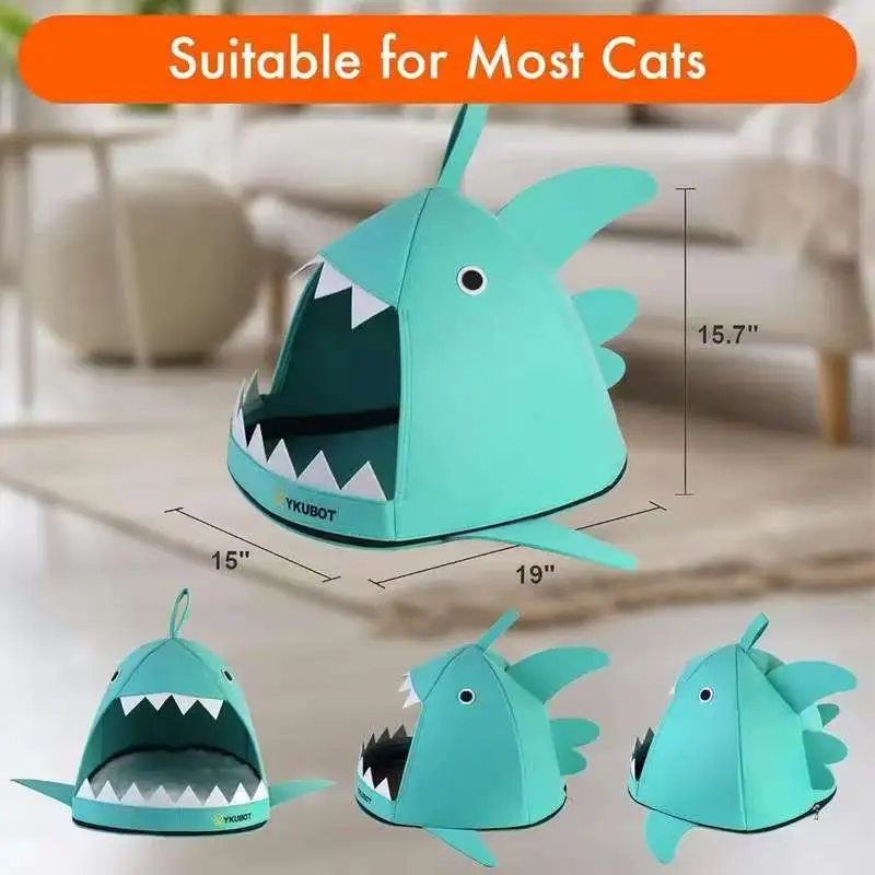 Foldable Shark-Shaped Cat Bed Cave - Durable Plastic with Removable Cooling and Heating Pads, Carrying Bag, Can Storage, Green, Cat Hideaway, Playtime Pet Furniture, Secure Zipper Closure