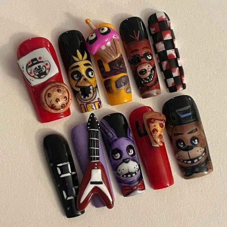 FNAF Press-On Nails | EFreddym Fazbeared, Bonniem & Chicam 3D Nail Art | Five Nights at Freddy’s Nails| FREE Adhesive Tabs FREE Nail File FREE Cuticle Stick