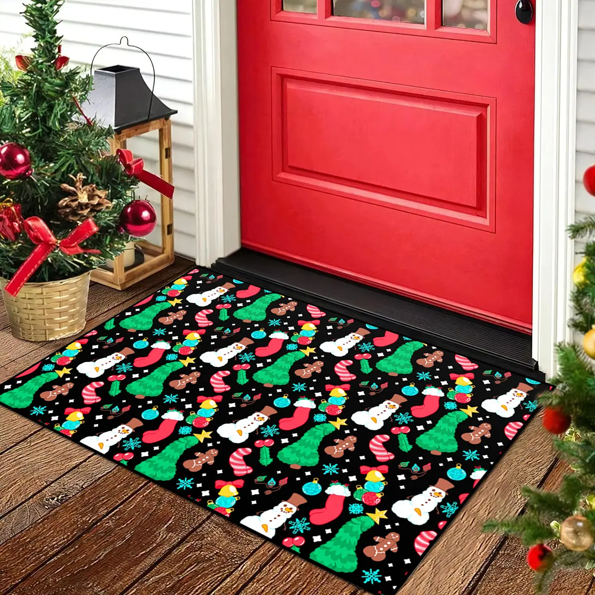 Cute Snowman Christmas Tree Candy Theme Door Mat, Large Entrance Rug with Christmas Ball and Letter Patterns, Indoor Outdoor Decorations
