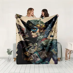 1 piece Captain America vintage style portrait. themed flannel blanket - Microfiber fluffy flannel sofa blanket, suitable for beds and sofas, modern design, all-season multi-purpose use, digitally printed pattern, 100% polyester material, machine
