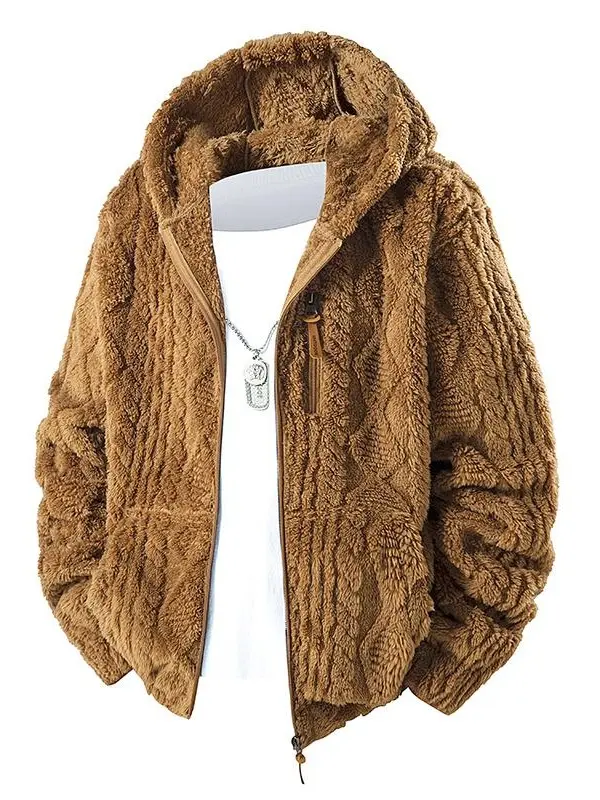 Men's Thermal Fleece Hoodie Jacket Jacket Jacquard Fabric Zip Front-Up Plain Hooded Outerwear With Decorative Zipper Pull, Kangaroo Pockets for  Menswear Mens Unisex Lining Autumn Fashionable Style Soft Streetwear Western Clothing Fall Top Winter Stylish