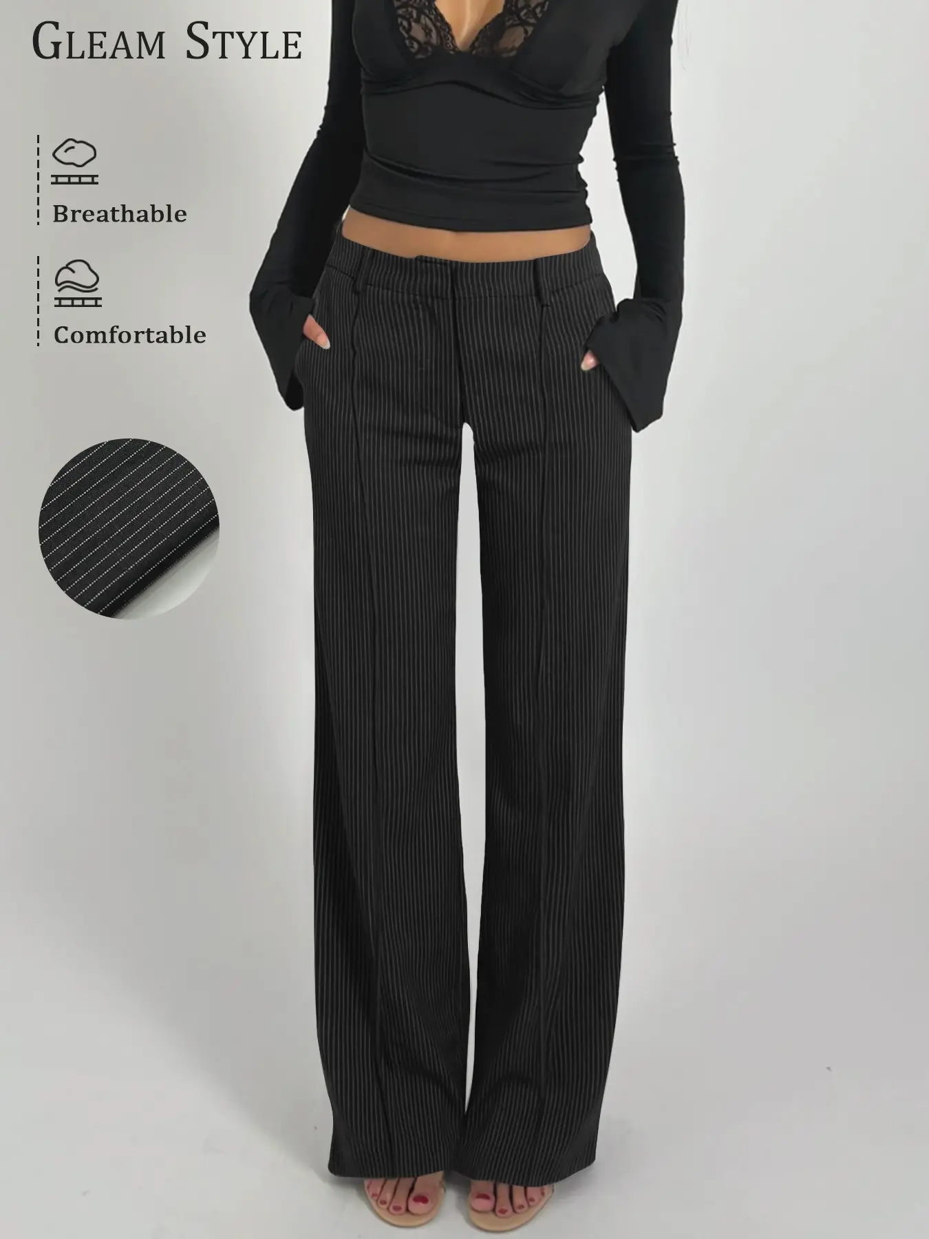 High-Waisted Striped Wide Leg Suit Pants, Women's New Arrival, Striped Office Suit Pants, Lazy Chic, Fashionable, Versatile, Everyday, Straight Leg, with Pockets, Business Straight Pants