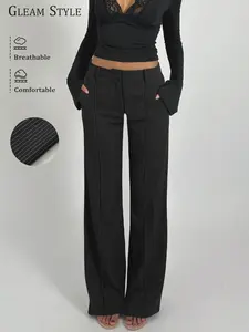 Women's Striped Straight-Leg Suit Pants, Slim-Fitting Commuter Trousers with Pockets, Breathable Casual All-Season Wear