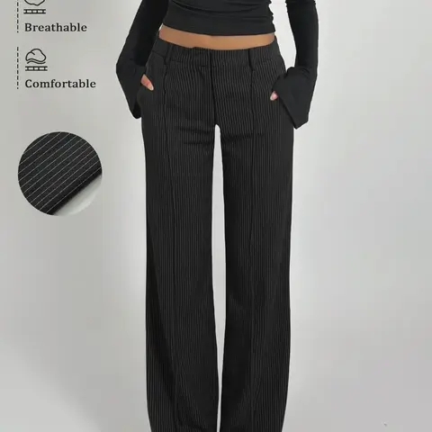High-Waisted Striped Wide Leg Suit Pants, Women's New Arrival, Striped Office Suit Pants, Lazy Chic, Fashionable, Versatile, Straight Leg, with Pockets, Fashion Bottoms