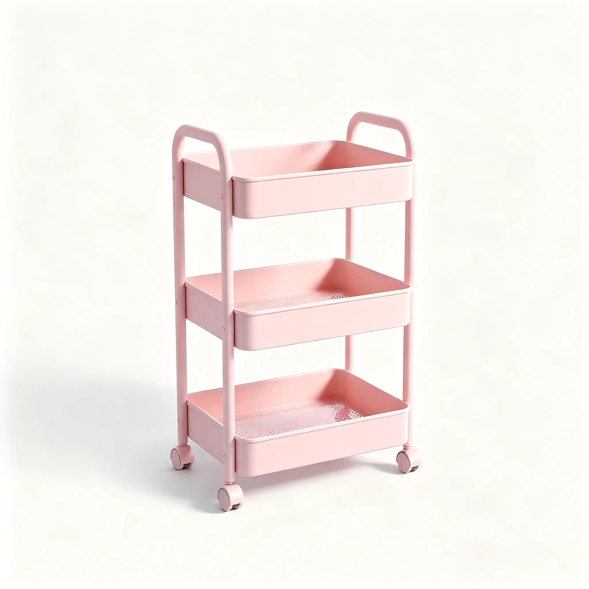Pink 3-Tier Metal Storage Cart - Plastic Body, Mesh Bottoms, Locking Wheels, Side Handle, Waterproof Portable Organizer Trolley for Office, Kitchen Small Spaces