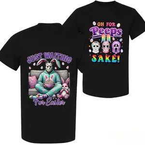 100 Percent Cotton Halloween Easter Mashup T-Shirt Featuring Jason Voorhees In Bunny Costume With Peeps And Easter Eggs Just Waiting For Easter Design Perfect For Horror Fans And Easter Celebrations Gift Idea For Creepy Cute Lovers