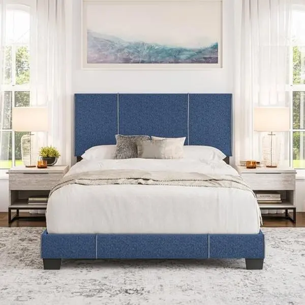 212 MAIN Full-Size Upholstered Bed Frame with Headboard - Blue Jean Linen Fabric, Corded Piping, Heathered Look, 1-Person Assembly, Ideal for Contemporary Home Decor, Indoor Use, One-Person